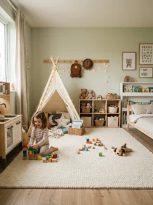 Soft rug play area in boys bedroom