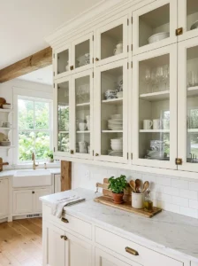 Glass cabinet doors creating open feel in cottage kitchen