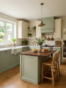 Painted cabinets adding soft color to cottage kitchen