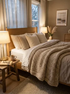 Cozy throw blanket styled on a neutral bed