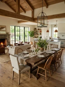 Statement dining table anchoring open concept space
