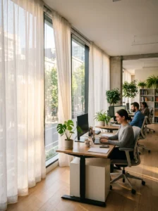 Soft curtains adding light and warmth to nurse office