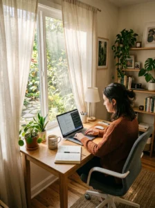 Soft curtains enhancing natural light in office