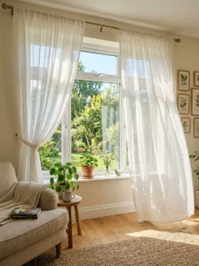 Sheer curtains brightening small bedroom