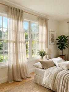 Linen curtains filtering soft sunlight in a neutral bedroom