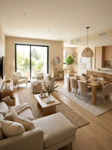 Consistent color palette creating flow in open concept living and dining room