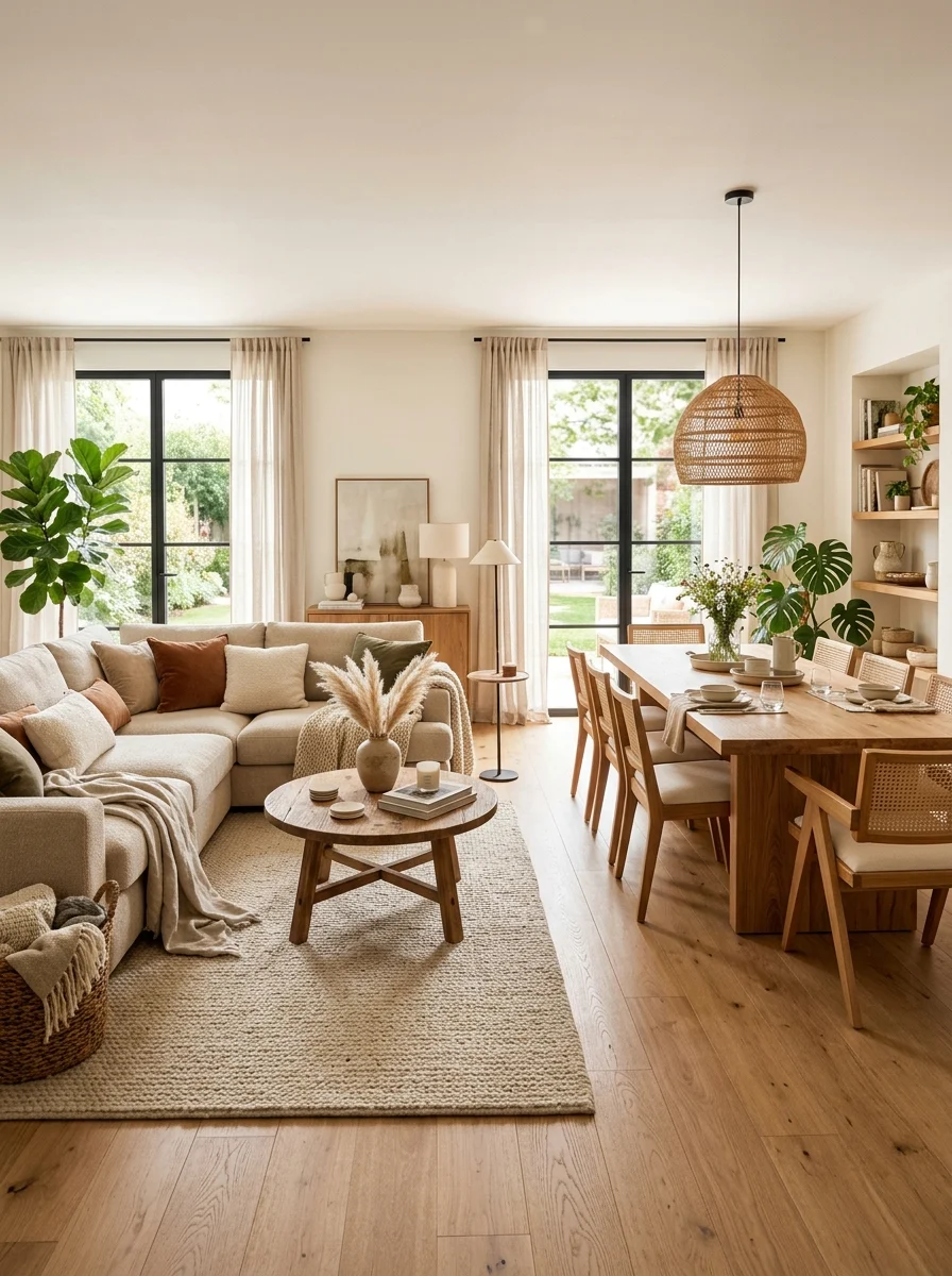 Open concept living and dining room with neutral tones, cozy layout, and seamless flow between spaces