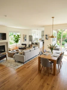 Furniture arranged to create smooth flow in open concept space