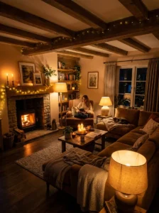 Layered lighting setup making living room feel warm and cozy