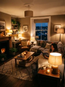 Warm ambient lighting creating a cozy glow in living room