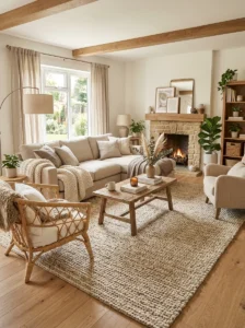 Textured rug adding warmth and depth to living room