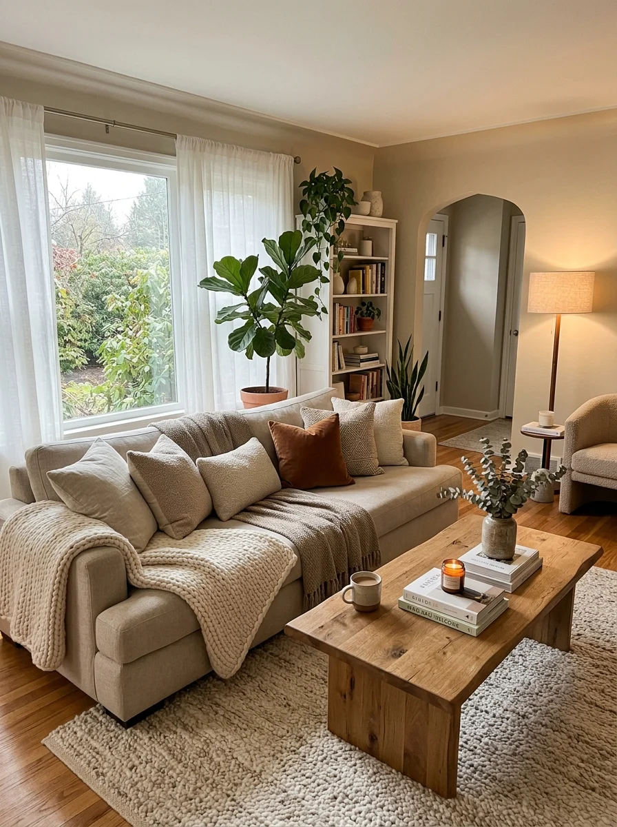 Warm and welcoming living room with neutral decor, cozy sofa, layered textures, and soft lighting