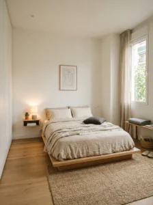 Low profile furniture opening up bedroom space