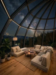 Low seating glass dome living room