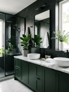 Black white and green bathroom design with marble vanity, matte black fixtures, and indoor plants