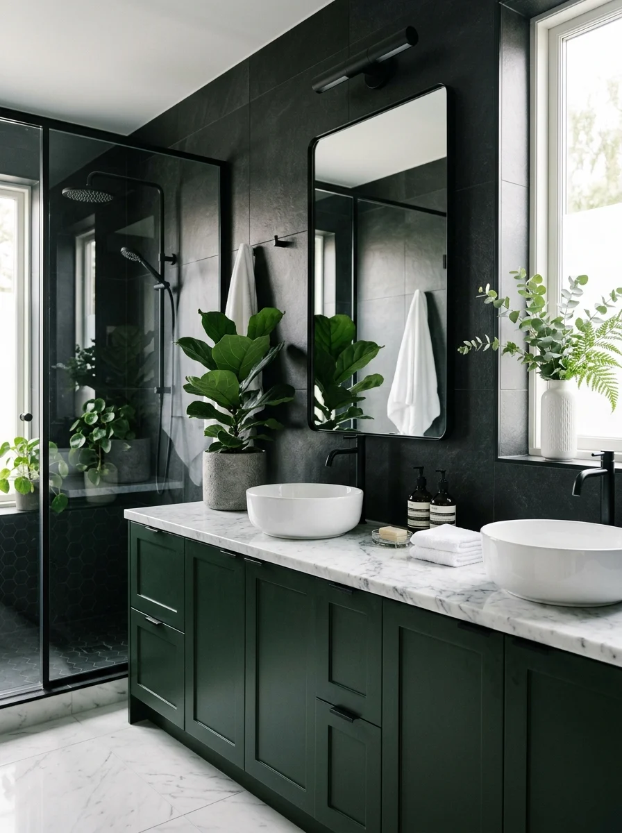Black white and green bathroom design with marble vanity, matte black fixtures, and indoor plants