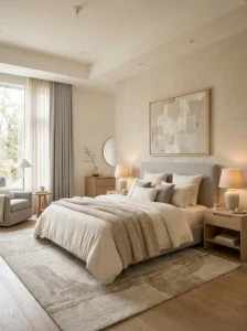Neutral color palette bedroom with calm luxury aesthetic