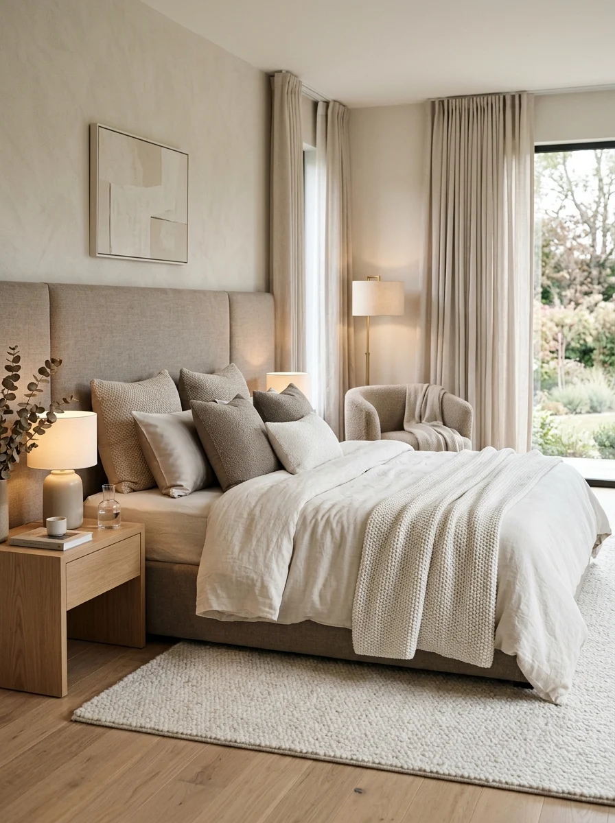 Modern luxury bedroom ideas with calm neutral aesthetic design
