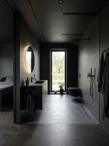 Matte black bathroom open layout
