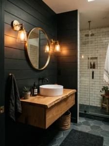 Matte black shiplap lighting bathroom