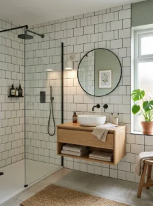 Matte white tiles with black grout