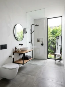 Open layout black bathroom