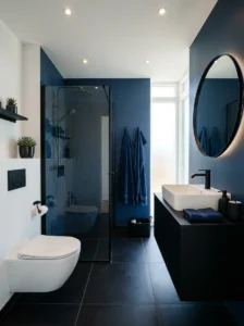 Minimal blue and black bathroom