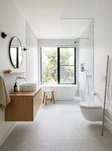 Open layout penny tile bathroom