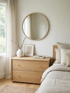 Decluttered bedroom surfaces creating a calm neutral space