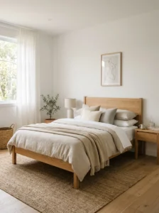 Neutral bedroom with natural wood furniture adding warmth and texture