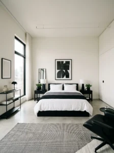 Decluttered black and white bedroom layout