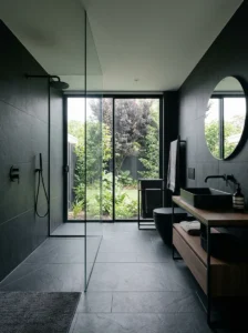 Decluttered black bathroom layout