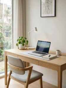 Minimalist office desk with clean setup, neutral tones, plant, and clutter-free workspace