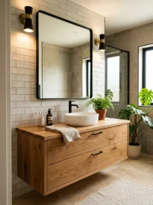 Black mirror with wood vanity