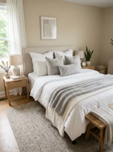 Soft grey accents adding contrast to a neutral bedroom