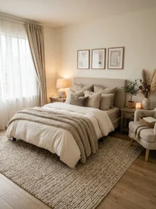 Textured neutral rug adding depth to a cozy bedroom