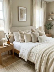 Subtle pattern mixing in neutral bedroom decor