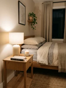Minimalist nightstand with simple decor in a neutral bedroom