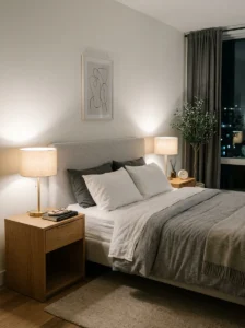 Minimalist nightstand styling in modern bedroom