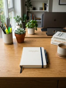 Notebook helping keep desk organized and productive