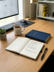 Notebook helping organize thoughts in home office