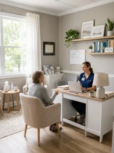 Neutral color scheme creating calm nurse office environment