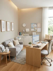Neutral color scheme creating calm nurse office environment