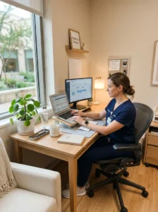 Calm nurse office decor with neutral tones, organized desk, soft lighting, and plant