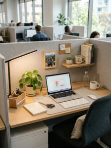Personalized office cubicle desk with plant, lamp, photo, and clean organized setup