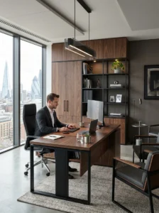 Dark wood and metal office design