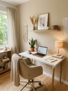 Neutral office decor with warm accents and soft tones