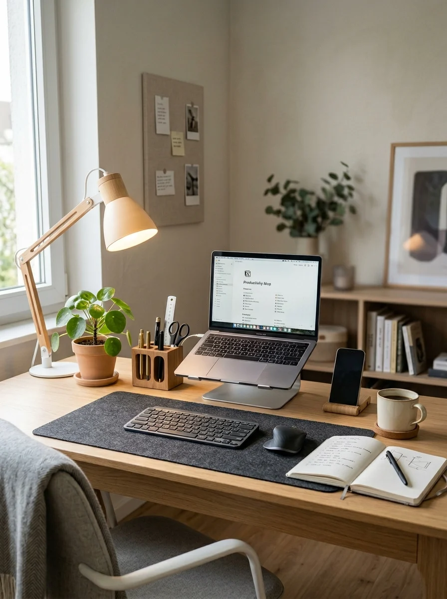 Clean office desk decor with plant, lamp, organizer, and minimal setup for a productive workspace