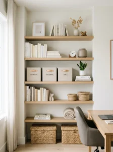Organized office shelves with decor and storage