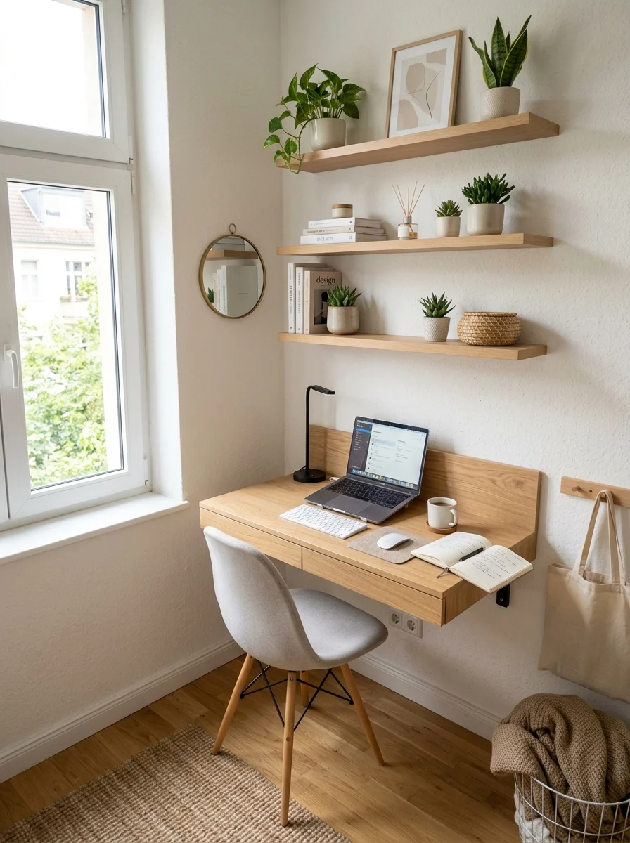 Small office design with wall-mounted desk, shelves, and compact setup saving space